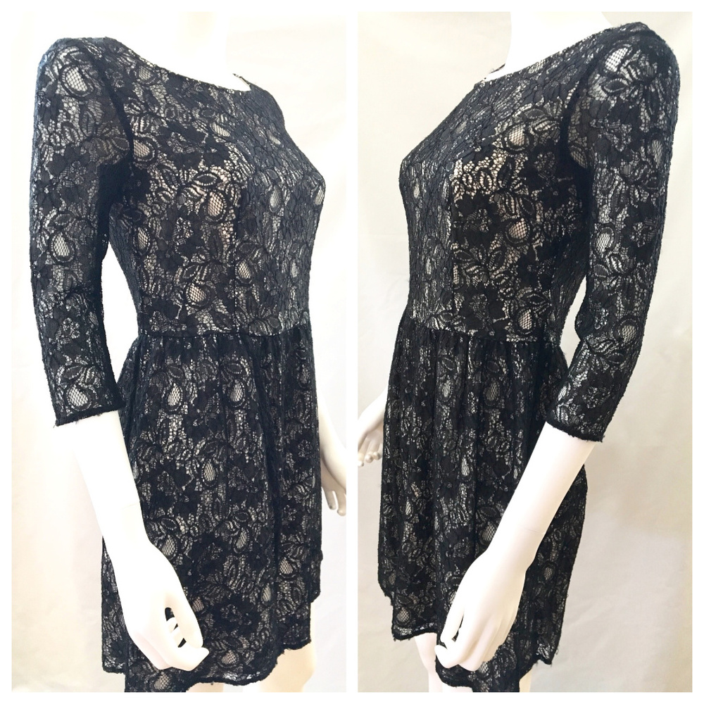 US 6 EU 38 Small Black Lace Fit Flare Dress Party